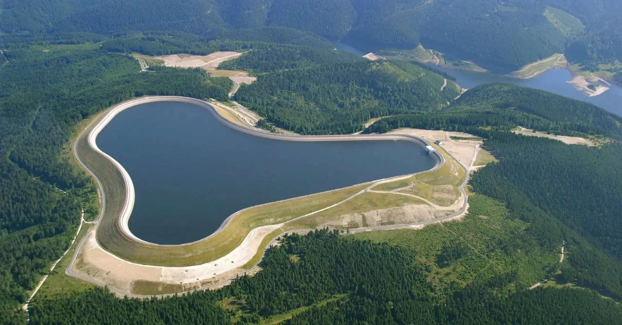 Aerial view of Goldisthal pumped storage power plant reservoir surrounded by forest.