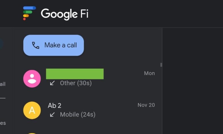 Google Fi interface showing calls, voicemail, and messages options.