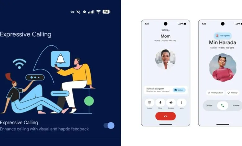 Screenshots showing Google's Expressive Calling feature with visual and haptic feedback.