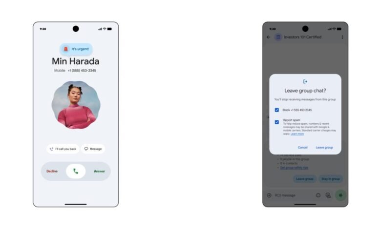 Two phone screens showing urgent call and group chat leave options.