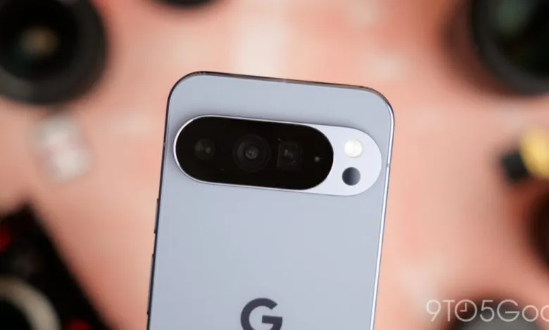 Close-up of Google Pixel phone camera array on a light blue phone.