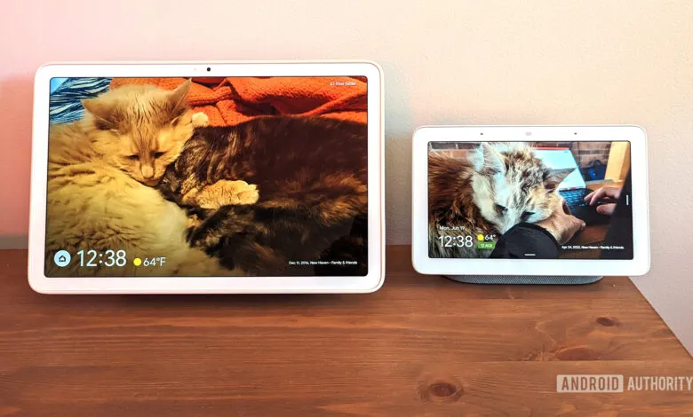 Google Pixel Tablet and Nest Hub displaying cat photos on a wooden surface.