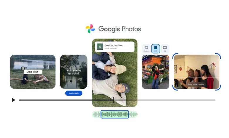 Google Photos video editing interface with image and audio timeline.