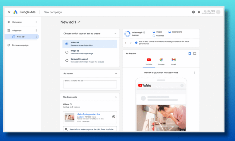 Google Ads interface showing options for creating a new ad campaign.