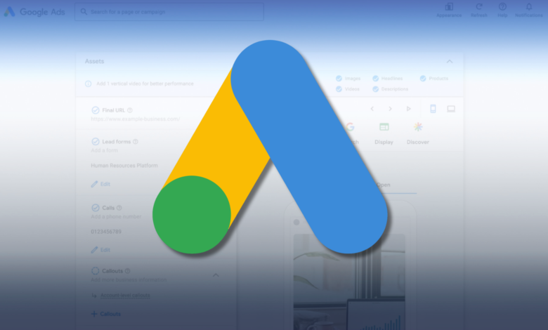 Google Ads interface with the Google Ads logo overlayed on top.