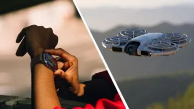 Person using smartwatch for video call, drone flying outdoors.