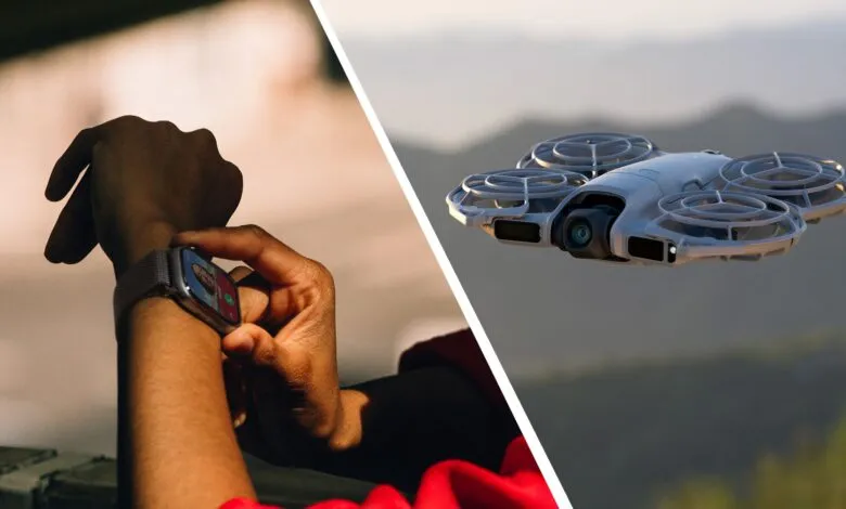 Person using smartwatch for video call, drone flying outdoors.