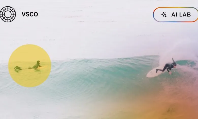 Surfer riding a wave with VSCO and AI Lab logos in the corners.