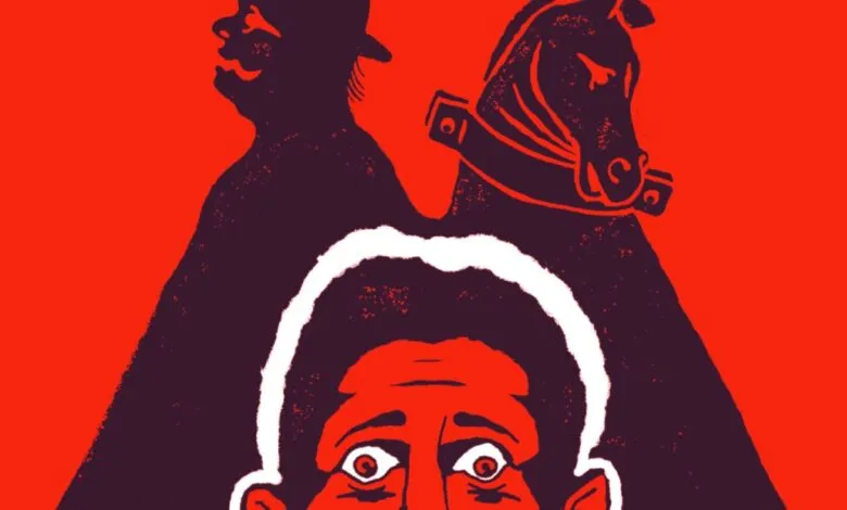 Stylized illustration of a man with a horse and shadowy figure looming behind.