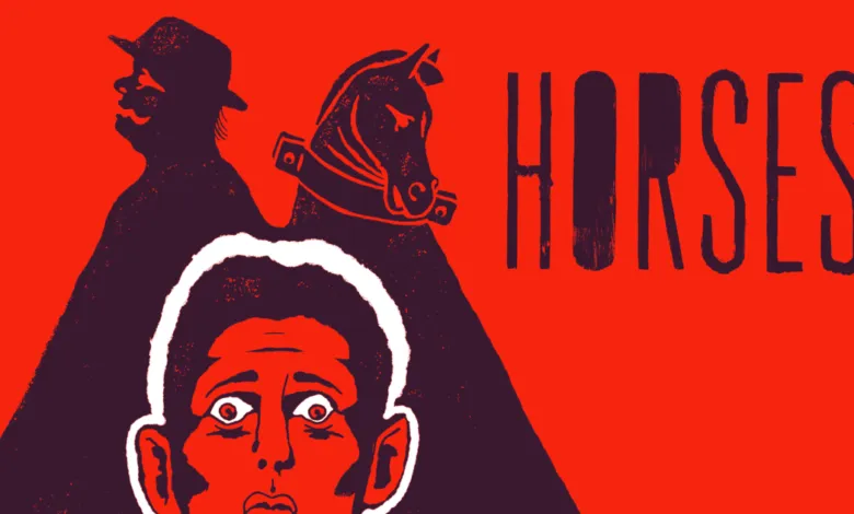 Illustrated poster with a man, horse, and figure in a hat against a red background.