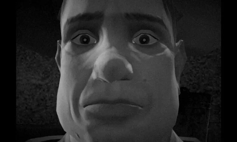 Close-up black and white portrait of a man's face with intense expression.