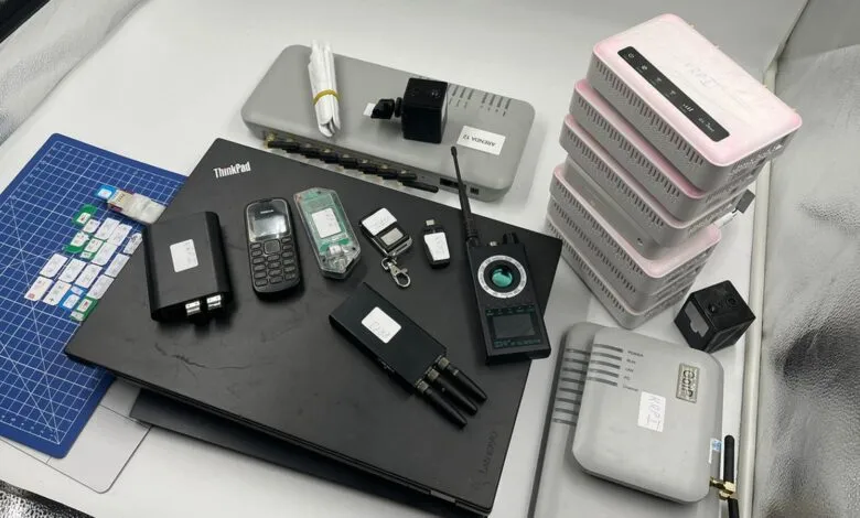 Collection of electronic devices including routers, phones, and a signal detector.