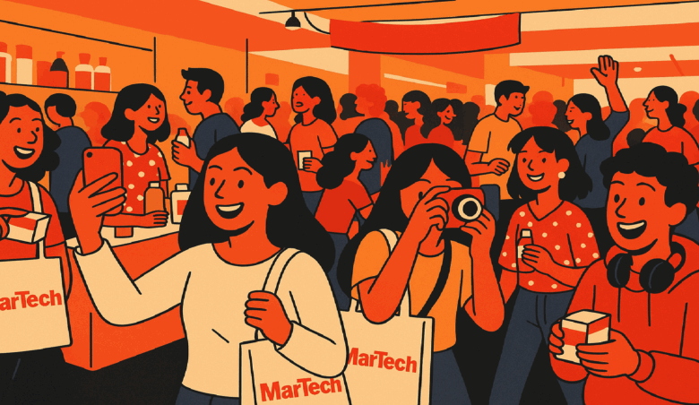 Cartoon illustration of diverse shoppers in a busy retail store, some holding MarTech shopping bags.
