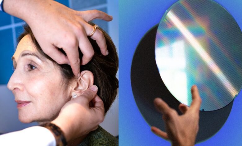Audiologist examines patient's ear; silicon wafer represents hearing aid technology.