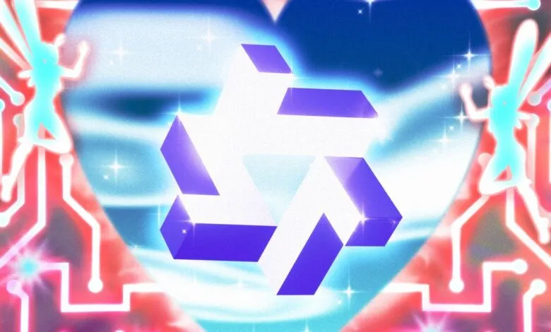 Abstract digital art with geometric shapes, fairy figures, and circuit board patterns.