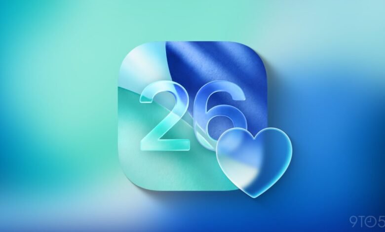 iOS 26 concept image with heart icon on blue gradient background.