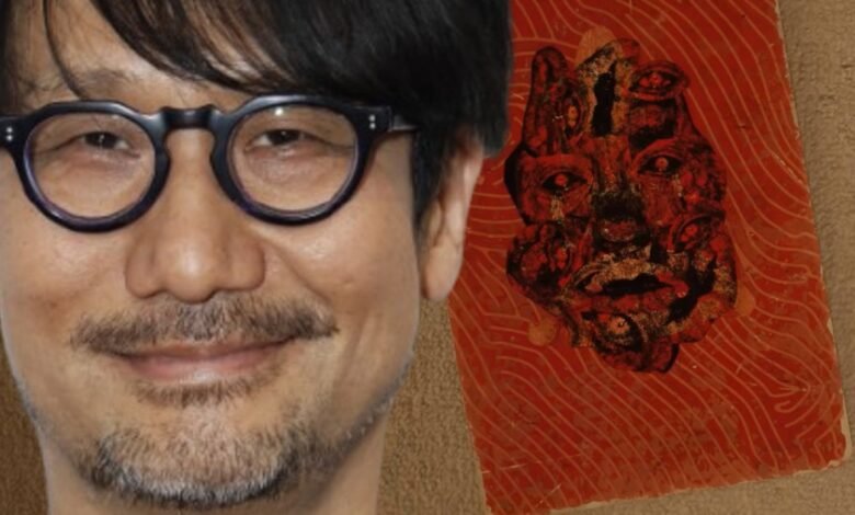 Hideo Kojima overlaid on a red card with a demonic face and multiple eyes.