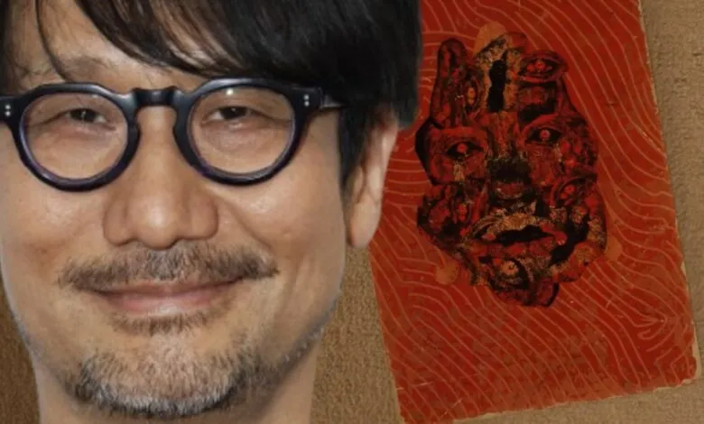 Hideo Kojima overlaid on a red card with a demonic face and multiple eyes.