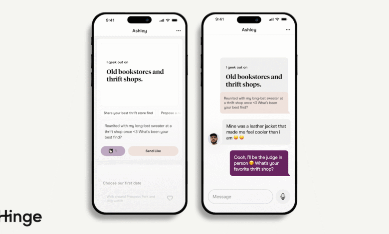 Two Hinge dating app screens showing a conversation about thrift store finds.