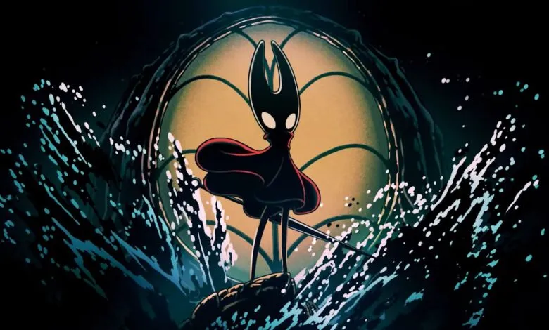 Hornet from Hollow Knight: Silksong stands on a rock amidst splashing water.