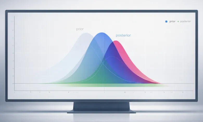 Monitor displaying a graph of prior and posterior probability distributions.