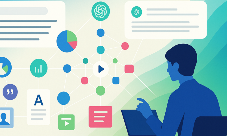 Person using laptop with content strategy icons: charts, text, video.