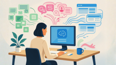 Person at desk using computer with brain icon, surrounded by communication symbols.