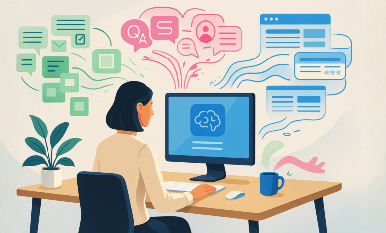 Person at desk using computer with brain icon, surrounded by communication symbols.