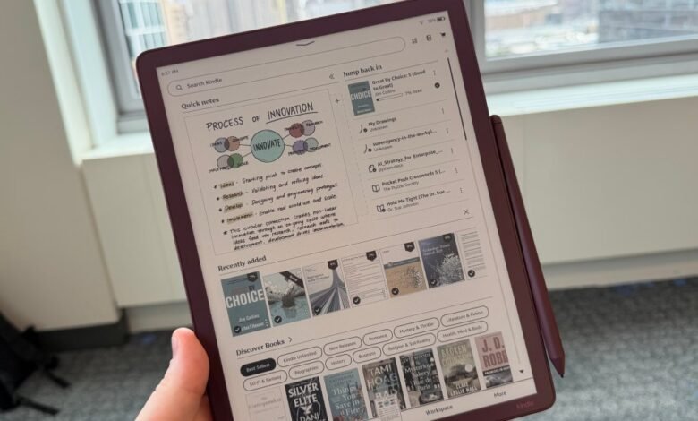 Kindle Scribe displaying a 'Process of Innovation' note with book recommendations.