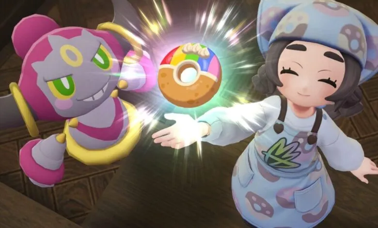 Pokemon character Hoopa and a baker girl with a rainbow donut.
