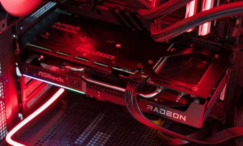 Close-up of an AMD Radeon graphics card inside a computer case.