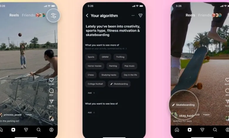 Screenshots of Instagram Reels interface showing algorithm customization options and skateboarding content.