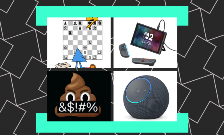 Four-panel image with chess, Nintendo Switch, poop emoji, and smart speaker.