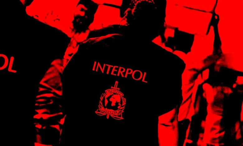 Interpol officers in black uniforms with red lettering and logo.