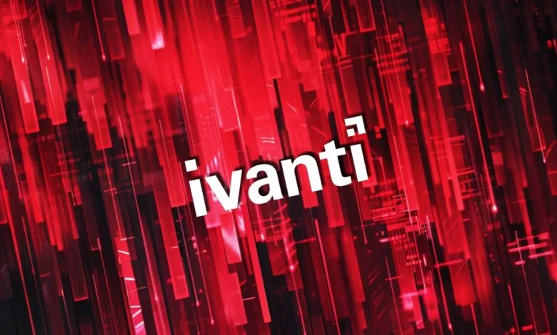 Ivanti logo in white against a red abstract background.