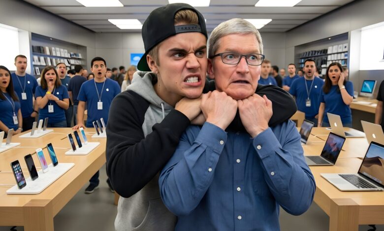 Justin Bieber puts Tim Cook in a headlock in an Apple store.