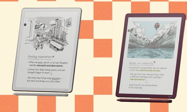 Two Kindle Scribe devices displaying digital art and handwritten notes.