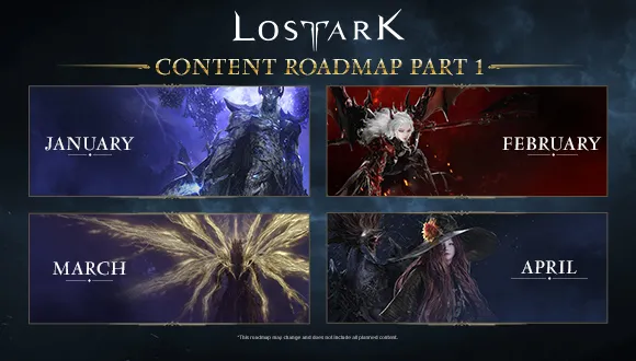 Lost Ark Content Roadmap Part 1, January to April, featuring game characters.