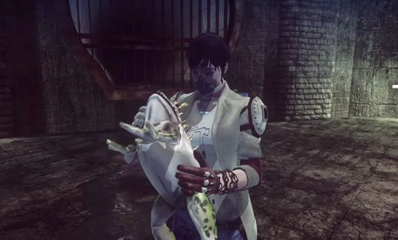 Character in a gas mask holds a large, mutated frog in a gritty, industrial setting.
