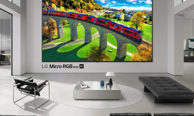 LG Micro RGB evo AI TV displaying a scenic train ride in a modern living room.