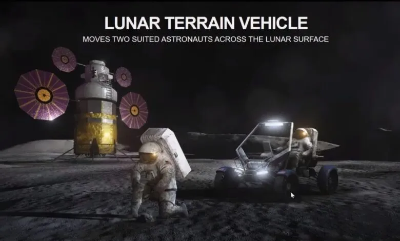 Lunar Terrain Vehicle on the moon with two astronauts in spacesuits.