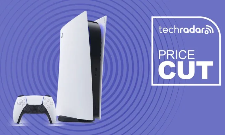 PlayStation 5 console and controller with a TechRadar 'Price Cut' badge.