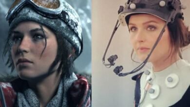 Split image: Lara Croft in Rise of the Tomb Raider and Camilla Luddington in mocap gear.
