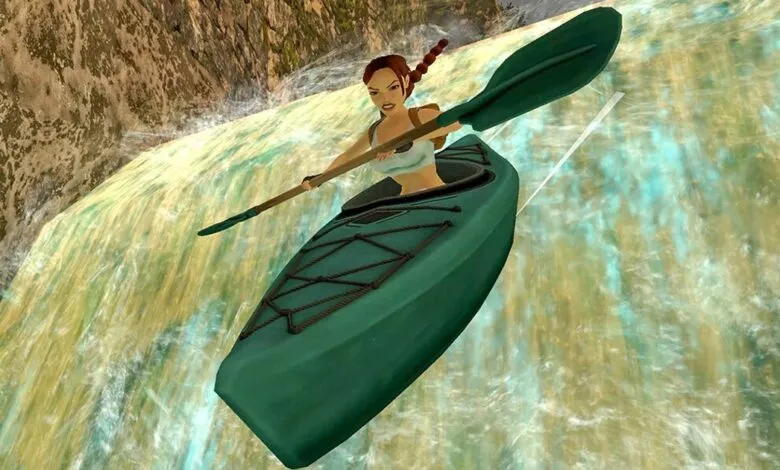 Lara Croft in kayak plunges down a waterfall in Tomb Raider I-III Remastered.