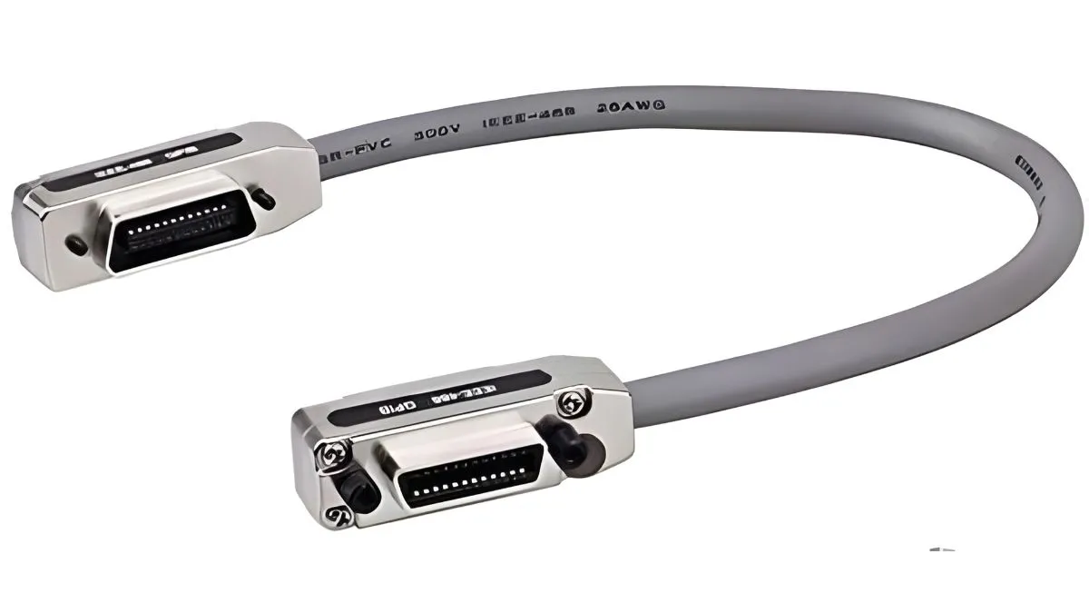 GPIB cable with connectors on each end, gray cable.
