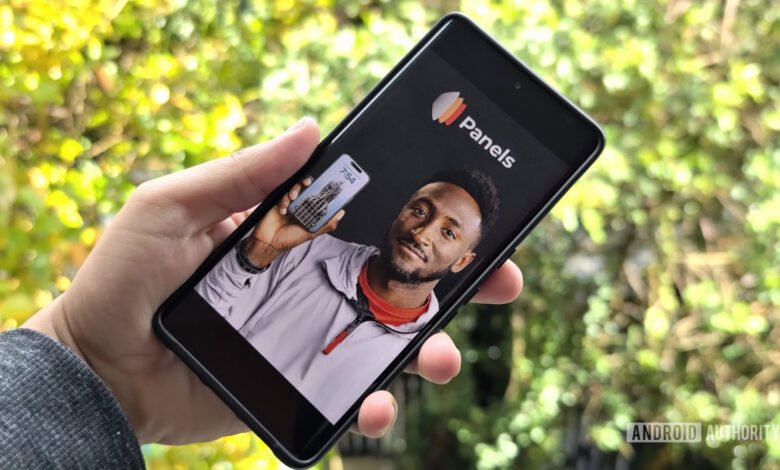 MKBHD on phone screen promoting Panels app against green foliage.