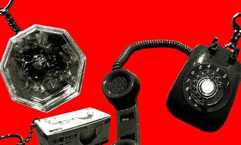 Still life with rotary phone, face mask box, and keychain on a red background.