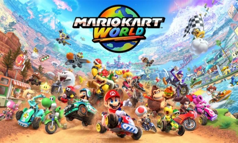Mario Kart World game cover featuring many characters racing.