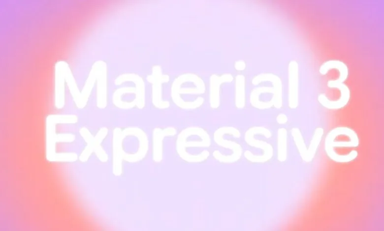 Material 3 Expressive text on a soft pink and purple gradient background.