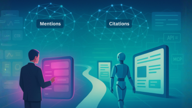 Illustration of a person and robot navigating mentions and citations.